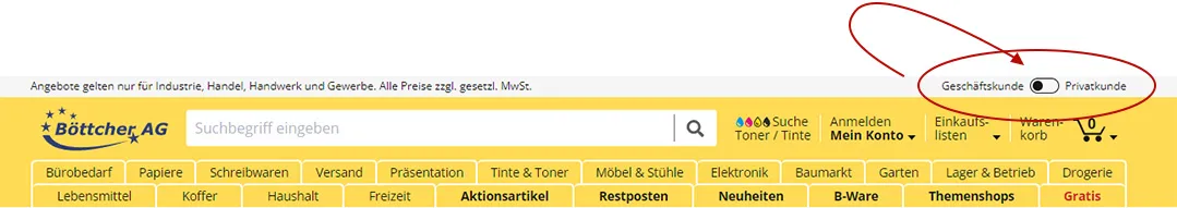 Auswahlbereich Privat- oder Geschäftskunden