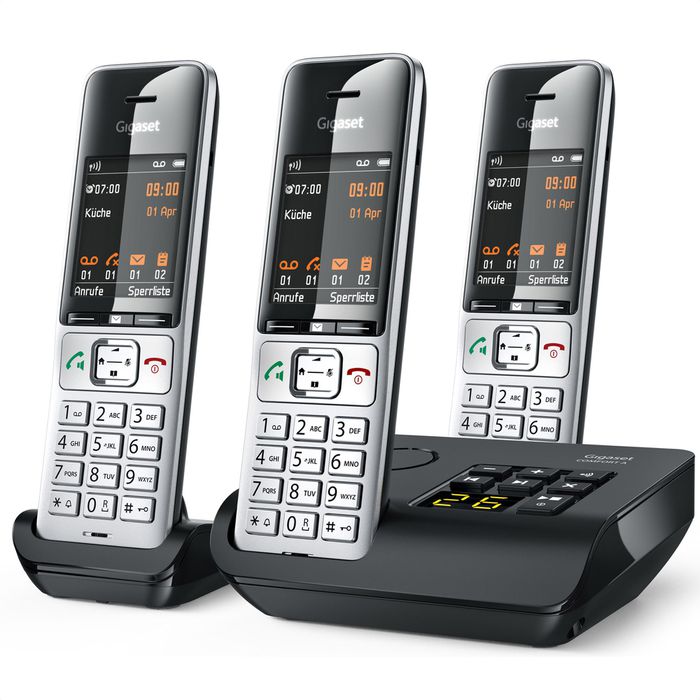 Gigaset Telefon COMFORT 500A – mit schwarz, schnurlos, Böttcher Trio, AG Anrufbeantworter silber