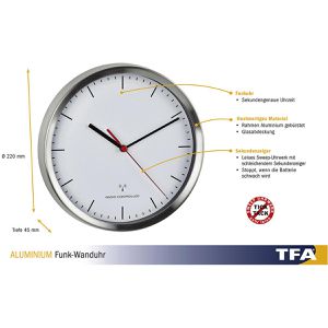 Produktbild für Wanduhr TFA 60.3530, Edelstahl, analog, Funkuhr