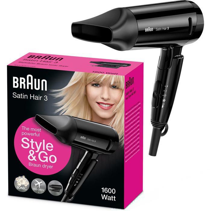 Braun Haartrockner Satin Hair 3 Style&Go IonTec, HD350, Ionen-Haartrockner,  1600 Watt, schwarz – Böttcher AG