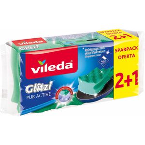 Vileda Spülschwamm Glitzi PUR Active 2 + 1, mit Griffrille und Scheuerseite, 3 Stück , 3 Stück