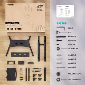 Produktbild für TV-Ständer Onkron TS1551-B, Ablage &amp; Rollen, schwarz, Metall