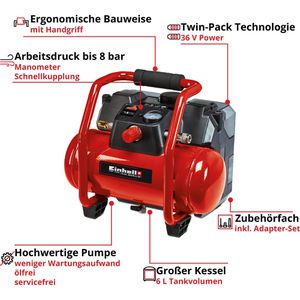 Einhell Kompressor TE-AC 36/6/8 Li OF Set-Solo 18V, 8 bar, ölfrei, 6L  Kesselinhalt – Böttcher AG