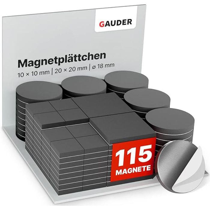 Gauder Magnetplättchen Quadrate & Punkte, Set, 3 Größen, Stärke 1,5 mm,  selbstklebend, 115 Stück – Böttcher AG