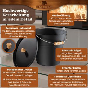 Produktbild für Ascheeimer Black-Oak Fuego schwarz, mit Holzgriff und Deckel