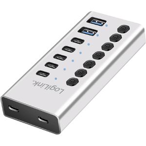 USB-Hub LogiLink UA0447, silber, mit Netzteil
