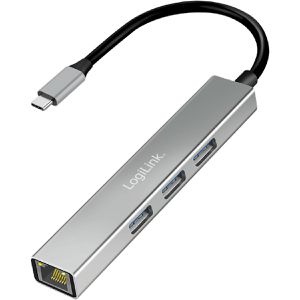 USB-Hub LogiLink UA0461, silber, mit LAN