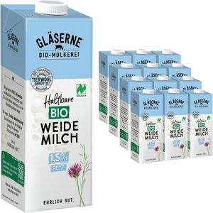 Gläserne-Molkerei Milch H-Weidemilch, Fettgehalt 1,5%, BIO, ultrahocherhitzt & homogenisiert, 12x 1 Liter