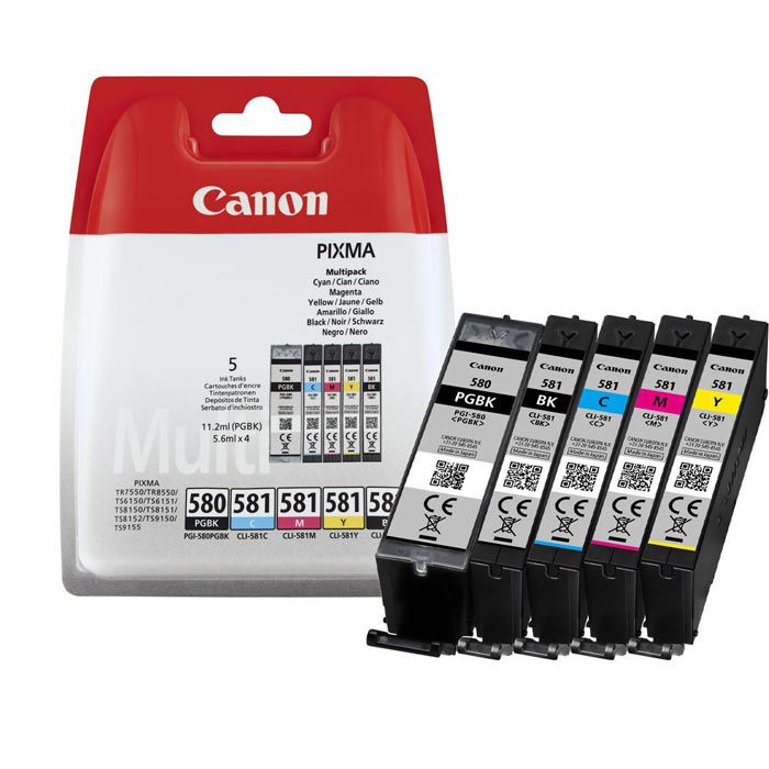 Canon PGI-580 CLI-581 (C M Y BK PGBK) Pack de 5 cartouches Cyan, Magenta,  Jaune, Noir Photo, Noir Bureautique (Multipack plastique)