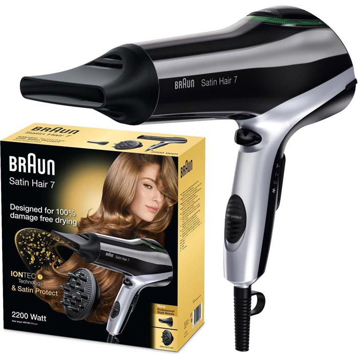 Braun Haartrockner Satin Hair schwarz Ionen-Haartrockner, 7 silber – HD730, Watt, / Böttcher AG IonTec, 2200