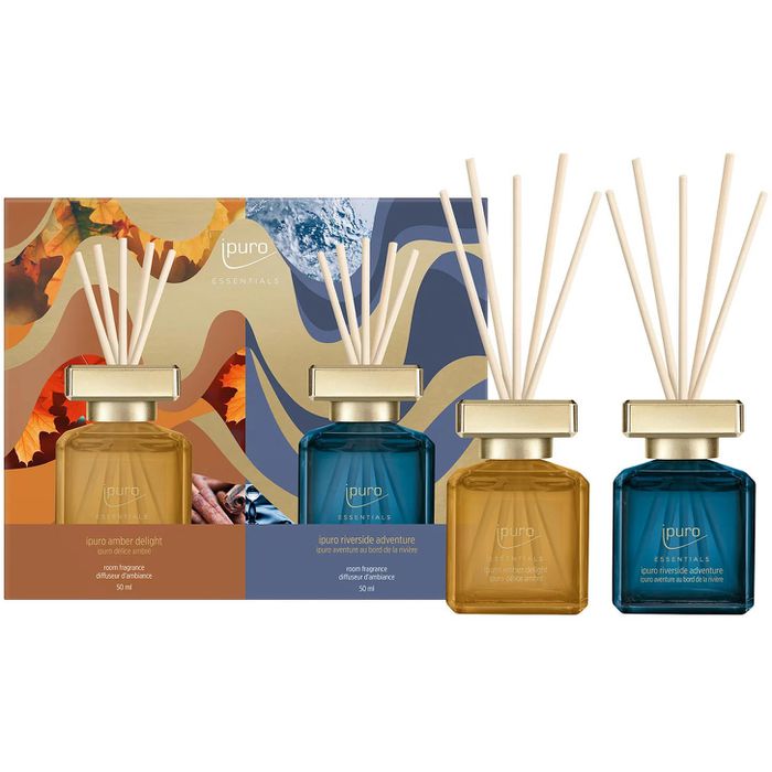 ipuro Raumduft Essentials, Set, 2x 50 ml, mit Stäbchen, amber delight & riverside adventure – Böttcher AG