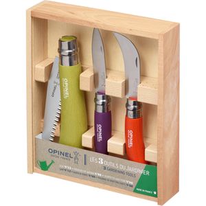 Opinel Gartenmesser Garten-Set, 3-teilig, klappbar, mit Holzbox, bunt