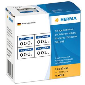 Herma Nummernetiketten 4833 Anlagenummer 15 x 22mm, doppelt nummeriert 000-999 schwarz blau 2000 Stück