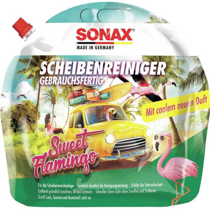 Sonax Scheibenreiniger 03944410, Sweet Flamingo, gebrauchsfertig,  Standbeutel, mit Duft, 3 Liter – Böttcher AG