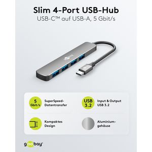 Produktbild für USB-Hub Goobay Slim 4-Port 79157, grau, mit Metallgehäuse