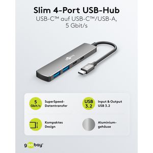 Produktbild für USB-Hub Goobay Slim 4-Port 79159, grau, mit Metallgehäuse