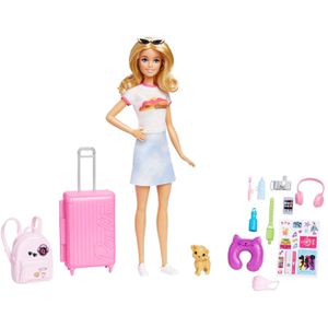 Barbie Puppe Reise Barbie, ab 3 Jahre, Malibu-Puppe mit Hund und Reise-Zubehör, 30 cm