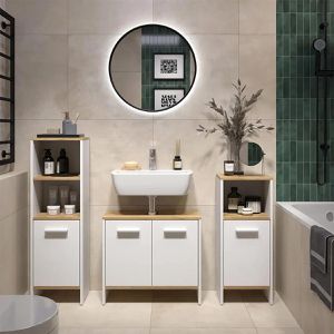 Produktbild für Badmöbel-Set Vicco Karli, weiß / goldkraft eiche, 3-teilig