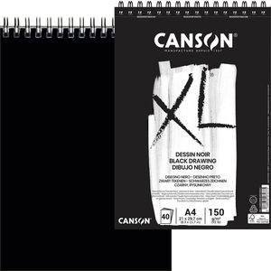 Canson Zeichenblock XL Dessin Noir C400039086, A4, 150 g/m², Spiralblock, schwarz, 40 Blatt