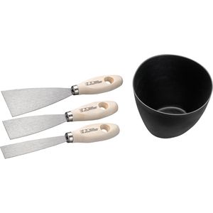 Böttcher-AG Spachtel 4-teiliges Set, Malerspachtel + Becher Holzgriff, 25mm, 40mm, 60mm , 3 Stück