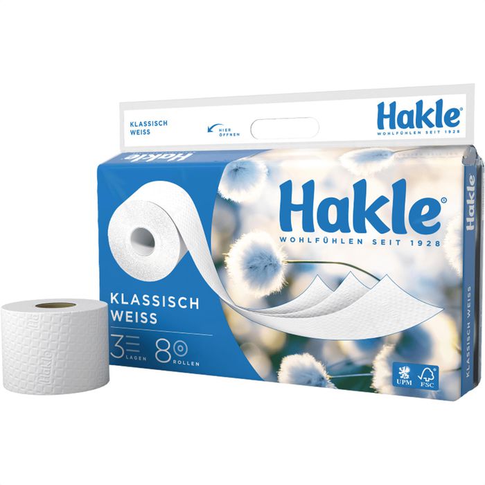 Hakle Toilettenpapier Klassisch weiß, 3-lagig, Tissue, 150 Blatt, 8 Rollen  – Böttcher AG