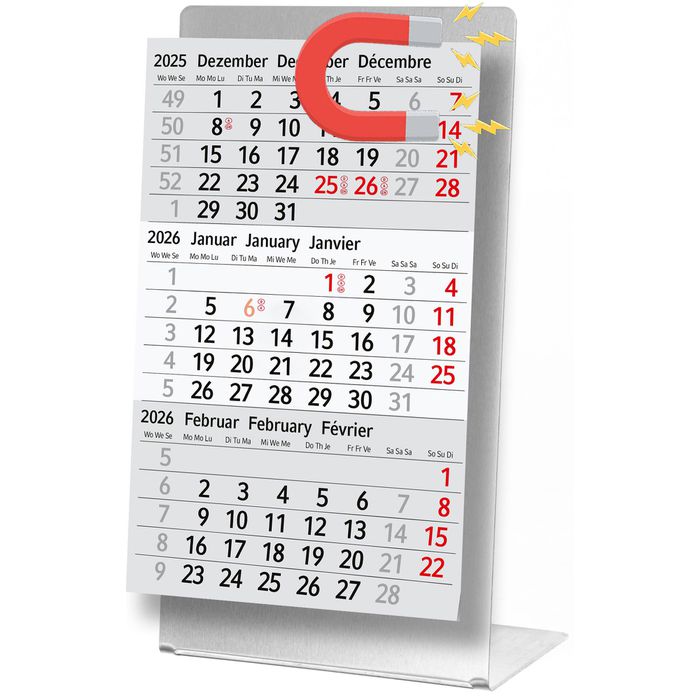 Tischkalender 2026/2027 - Magnetischer Edelstahl Kalender Silber Matt