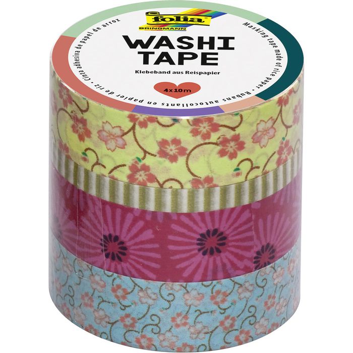 Folia Washi-Tape 26405 Blumenreigen aus Reispapier, 3 Rollen je 15mm x 10m,  1 Rolle 5mm x 10m – Böttcher AG
