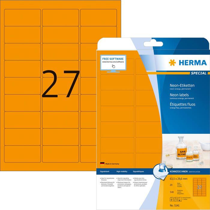 Herma Special 5141 Universaletiketten neon-orange 63.5x29.6mm 20 Blatt 540 Stück