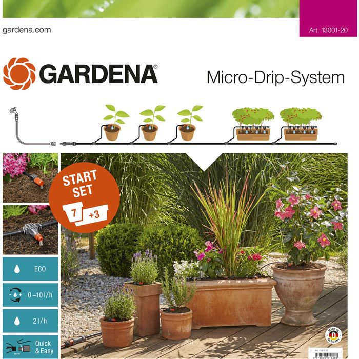 Gardena Micro-Drip-System Start Set 3 Pflanztröge, Böttcher 25m Pflanztöpfe und M, für Pflanztöpfe AG 7 – 13001-20