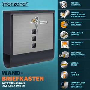 Produktbild für Briefkasten Monzana 109596, schwarz/silber, aus Stahl