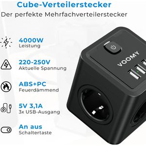 Produktbild für Steckdosenwürfel Voomy Split X4, mit Schalter, schwarz