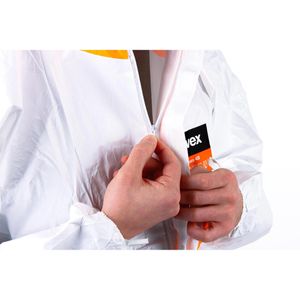 Produktbild für Schutzanzug Uvex 4B mit Füßen, weiß-orange