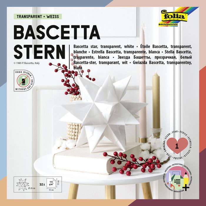 Folia Faltblätter 800/1515 Bascetta Stern Set, 15 x 15cm, 115g/m², weiß  transparent, 32 Blatt – Böttcher AG