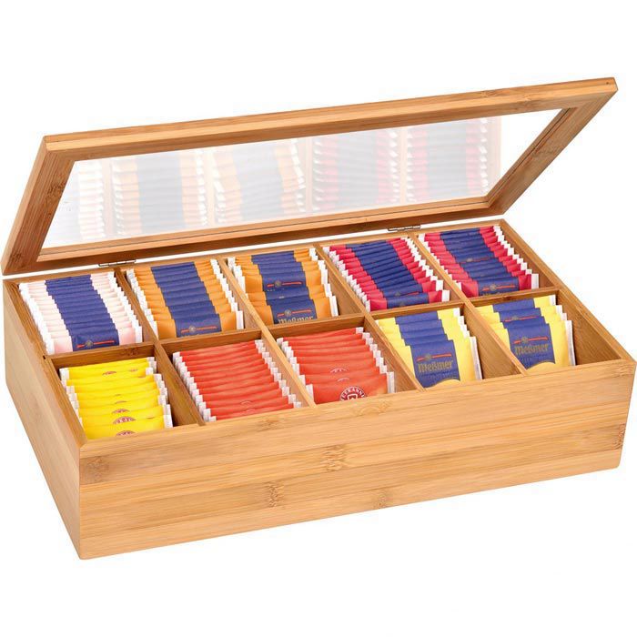 Grwe Teebox 240, fr Teebeutel, natur, aus Bambus, mit Sichtfenster und  Klappdeckel, 36 x 20 x 9 cm, 10 Fcher  Bttcher AG