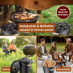 Produktbild für Ascheeimer Black-Oak Fuego schwarz, mit Holzgriff und Deckel