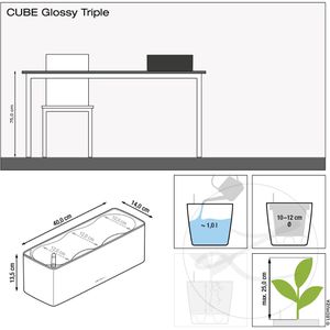 Produktbild für Übertopf Lechuza CUBE Glossy Triple, weiß hochglanz,40x14x14cm