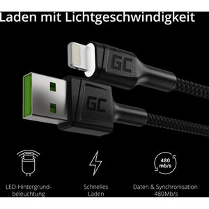 Produktbild für Ladekabel Green-Cell GC Ray LED, schwarz, 1,2m