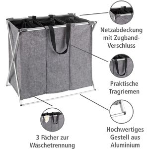 Produktbild für Wäschekorb Wenko Trio Grau meliert, mit 3 Fächern