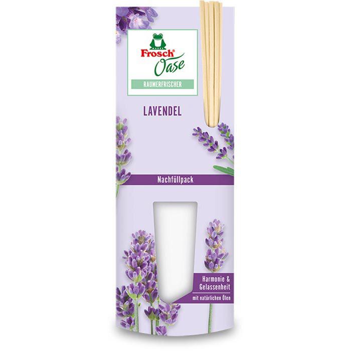 Frosch Raumduft Oase, mit natürlichen Ölen, 90ml, Nachfüller, Raumerfrischer, mit Stäbchen, Lavendel – Böttcher AG