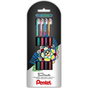 Pentel Gelschreiber Hybrid Dual Metallic K110-4COL, 0,5mm, Glitzer-Effekt-Gel ergibt 8 Farben, 4 Stück