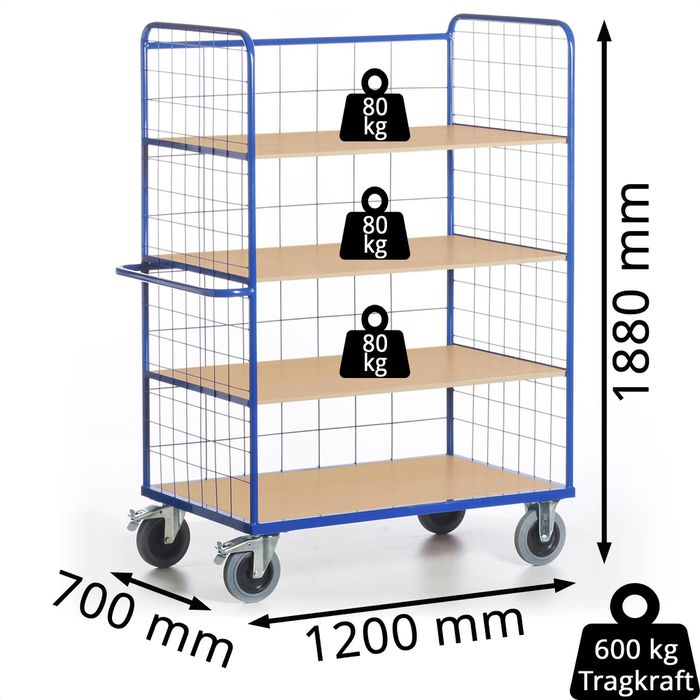 Etagenwagen - 2 Gitterwände - 4 Etagen - grau - Transportwagen