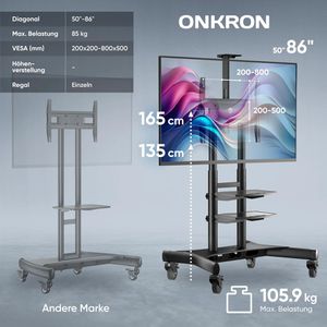 Produktbild für TV-Ständer Onkron TS1881-B, Ablage &amp; Rollen, schwarz, Metall