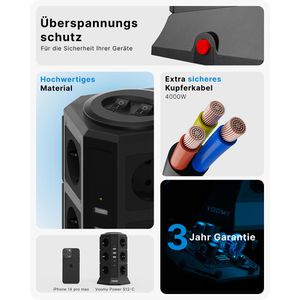 Produktbild für Steckdosenwürfel Voomy Power S12C, mit Schalter, schwarz