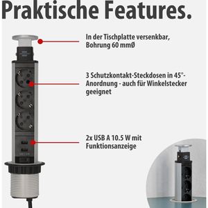 Produktbild für Einbausteckdose Brennenstuhl Tower Power, 2m Kabel, versenkbar