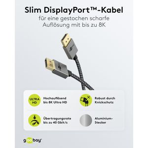 Produktbild für Displayport-Kabel Goobay Slim 77444, 8K UHD, 40 Gbit/s, DP 2.0
