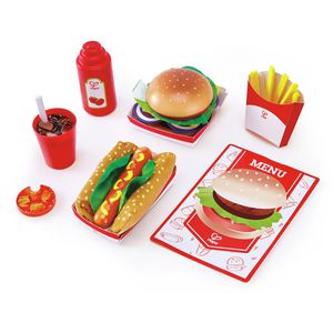 Hape Kinderküchen-Zubehör Fastfood-Set, Mit verschiedenen Fastfood-Gerichten, aus Holz, 27-tlg.