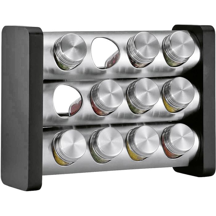 Küchenprofi Gewürzregal silber mit 3 Etagen & 12 Gewürzgläsern, stehend / hängend, aus Edelstahl / Holz, 29,5 x 22 x 12cm – Böttcher AG