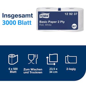 Produktbild für Putztuchrolle Tork 129237, W1, aus Zellstoff, weiß