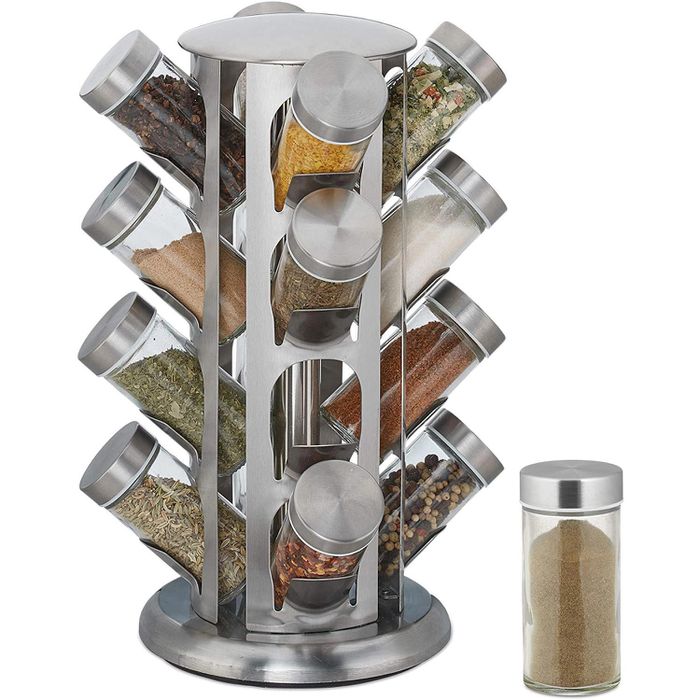 Relaxdays Gewürzkarussell 10032732, drehbar, aus Edelstahl, mit 16 Gewürzgläsern, silber – Böttcher AG