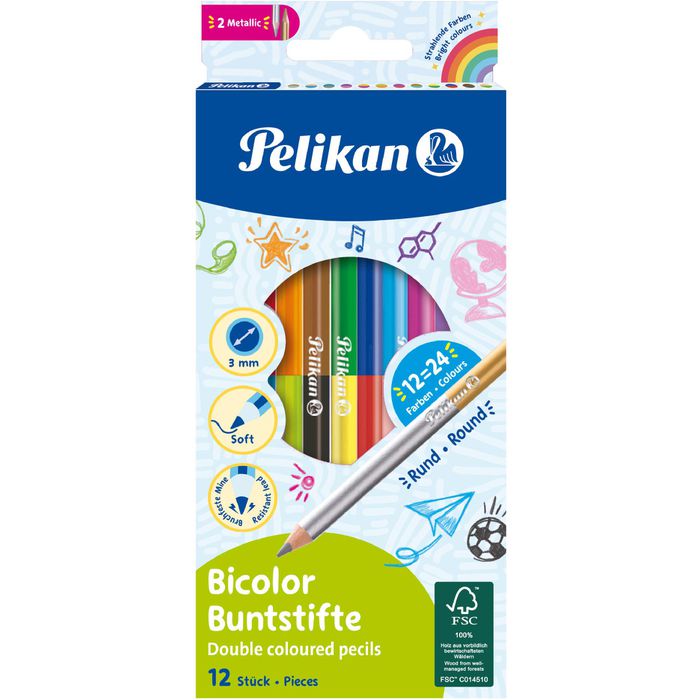 Pelikan Buntstifte Bicolor 700146 farbig sortiert zweifarbig - 24 Farben 12 Stück